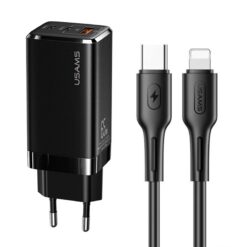 Зарядно устройство 220V USAMS - GaN (SJ406) 65W, USB-A, 2 x USB-C, 4.5A + Type-C към Lightning кабел