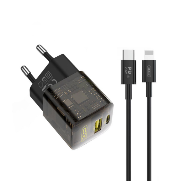 Зарядно устройство 220V XO - CE05, 30W, USB-A, USB-C, GaN + кабел Type-C към Lightning