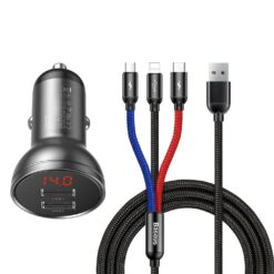 Зарядно за автомобил 12V BASEUS 24W, 2xUSB-A + 3 в 1 кабел - (TZCCBX-0G), 4.8A