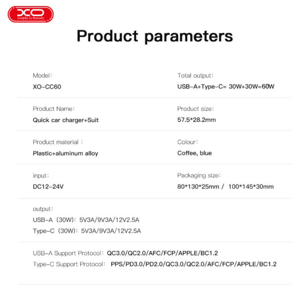 Zaryadno Za Avtomobil 12v Xo Cc60 60w Usb A Qc 30 Usb C Pd3 5