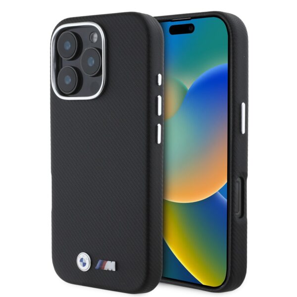 BMW Калъф за iPhone 16 Pro, M Kevlar Metal Logo, черен – BMHCP16L23PUFWKEV
