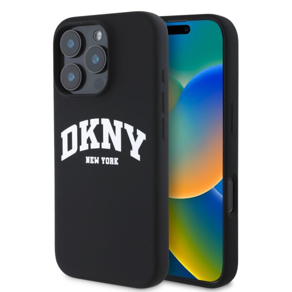DKNY Калъф за iPhone 16 Pro Max, MagSafe Liquid Silicone Arch Logo, черен – DKHMP16XSNYACH