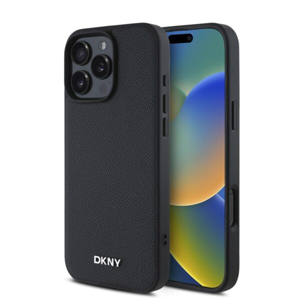 DKNY Калъф за iPhone 16 Pro, PU Leather Silver Metal Logo Magsafe, черен – DKHMP16LPGHLMK