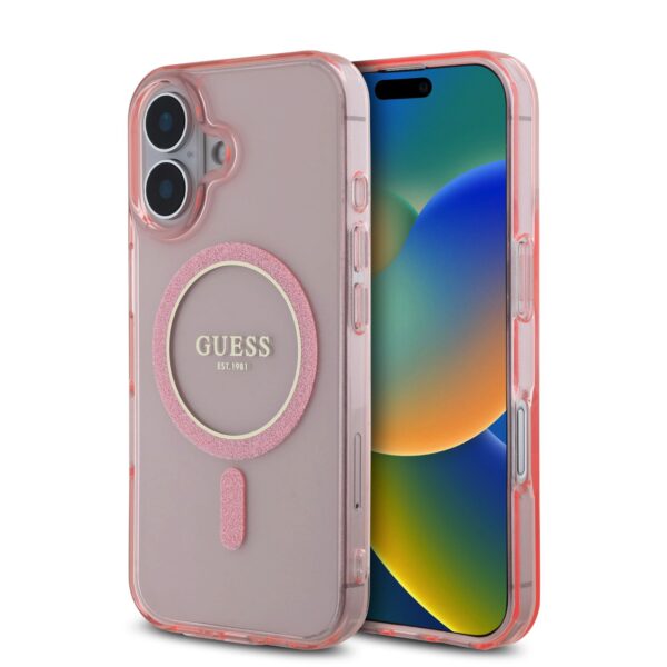 GUESS Калъф за iPhone 16, розов - GUHMP16SHFGEREP - Glitter Ring,