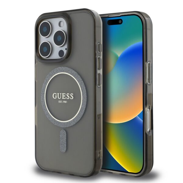 GUESS Калъф за iPhone 16 Pro, черен - GUHMP16LHFGEREK - Glitter Ring