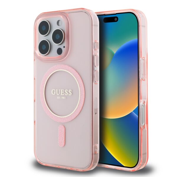 GUESS Калъф за iPhone 16 Pro, розов - GUHMP16LHFGEREP - Glitter Ring MagSafe