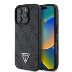 GUESS Калъф Apple iPhone 16 Pro Max, PU 4G Strass Triangle Metal Logo, черен – GUHCP16XP4TDPK