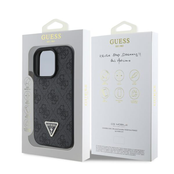 GUESS Калъф Apple iPhone 16 Pro Max, PU 4G Strass Triangle Metal Logo, черен – GUHCP16XP4TDPK
