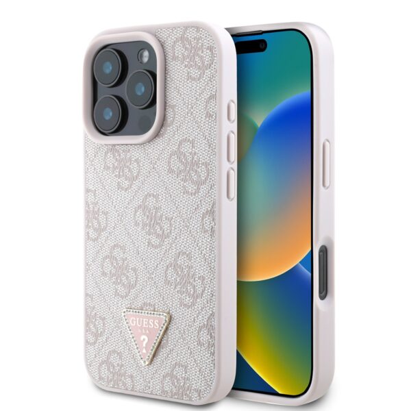 GUESS Калъф Apple iPhone 16 Pro Max, PU 4G Strass Triangle Metal Logo, розов – GUHCP16XP4TDPP