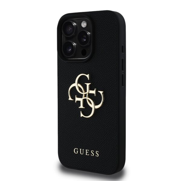 GUESS Калъф Apple iPhone 16 Pro, PU Grained 4G Metal Logo, черен – GUHCP16LPGT4MBK
