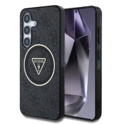 GUESS Калъф Samsung S25, IML 4G Glitter and Triangle Logo MagSafe, черен – GUHMS25SHG4PRTGK