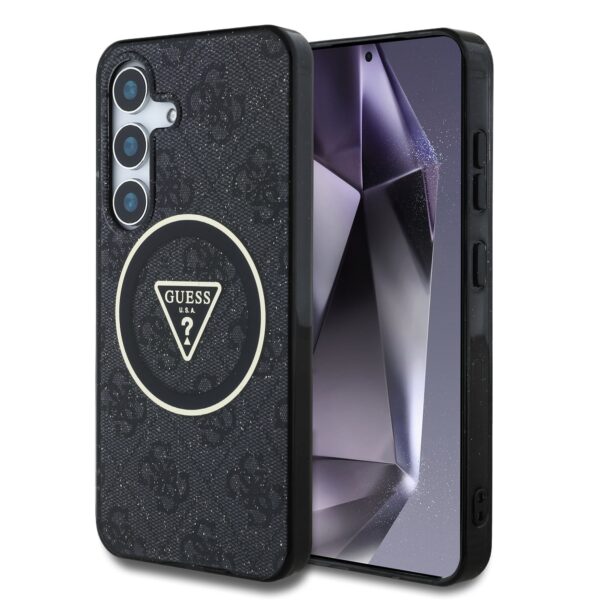 GUESS Калъф Samsung S25, IML 4G Glitter and Triangle Logo MagSafe, черен – GUHMS25SHG4PRTGK