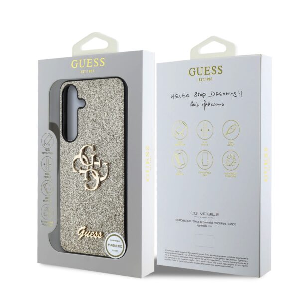 GUESS Калъф Samsung S25, PU Fixed Glitter 4G Metal Logo, златен – GUHCS25SHG4SGD