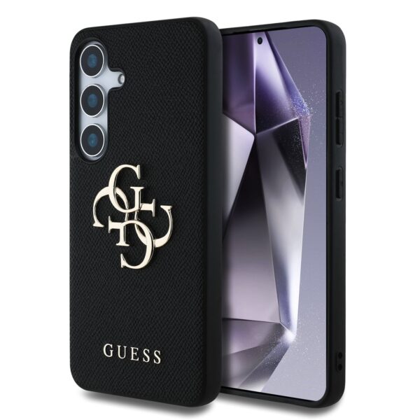 GUESS Калъф за Samsung S25, PU Grained 4G Metal Logo, черен – GUHCS25SPGT4MBK