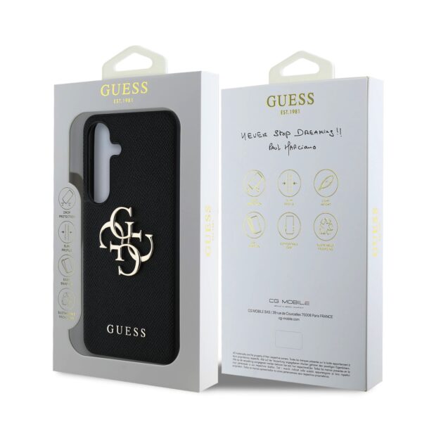 GUESS Калъф за Samsung S25, PU Grained 4G Metal Logo, черен – GUHCS25SPGT4MBK
