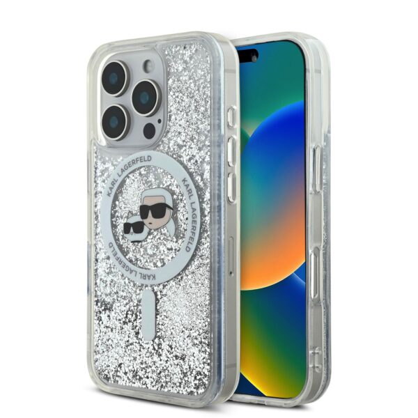 Калъф Karl Lagerfeld KLHMP16LLGKCSGH Apple iPhone 16 Pro Liquid Glitter Karl and Choupette Heads MagSafe Transparent
