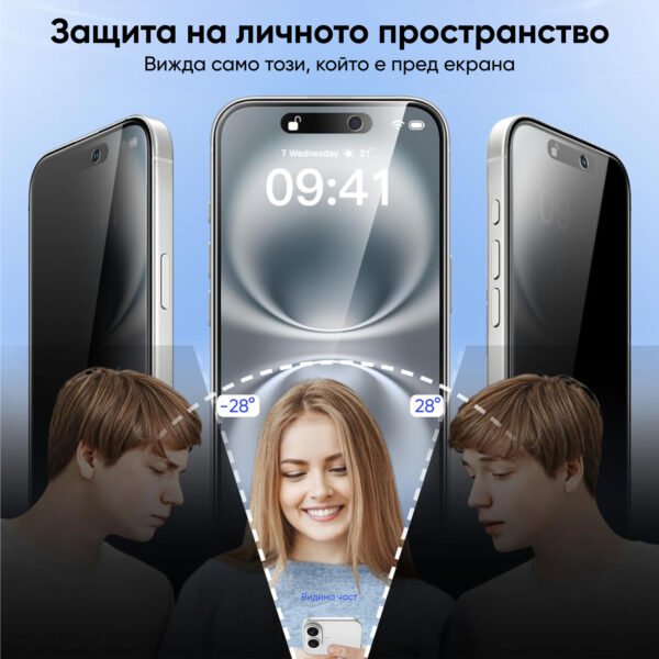 PRIVACY протектор за  iPhone 16 – затъмняващ протектор