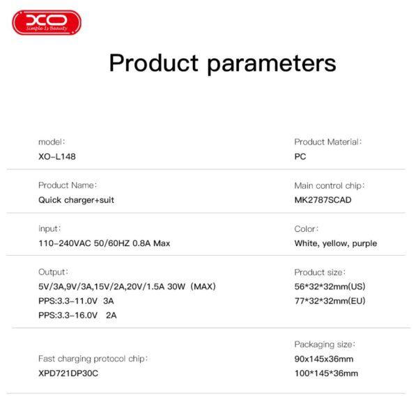 Зарядно устройство 30W + кабел Type-C-C - 220V - XO - Image 4