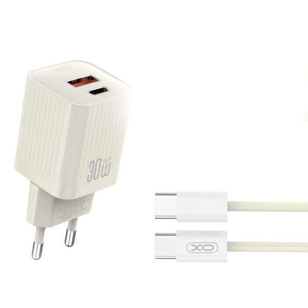 Зарядно устройство 30W + кабел C-C - 220V, USB-C + USB-A - XO