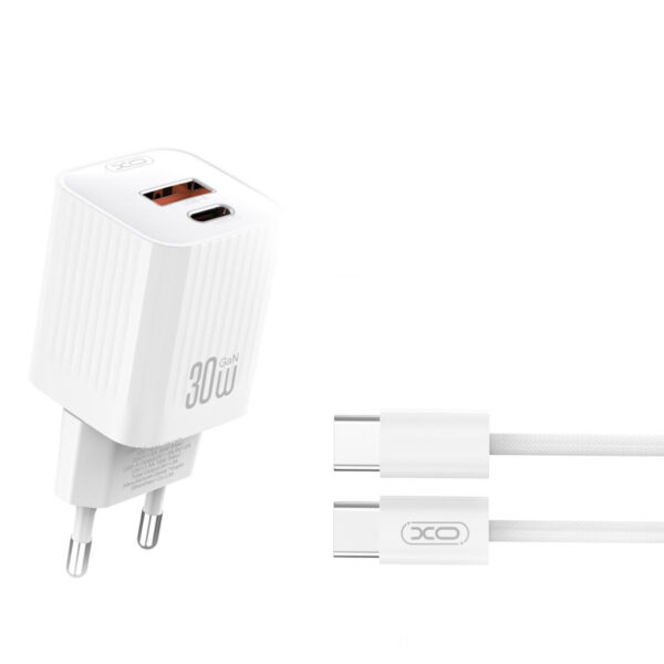 Зарядно устройство 30W + кабел C-C - 220V, USB-C + USB-A - XO