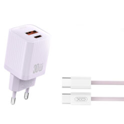 Зарядно устройство (адаптер) XO 220V 30W, USB-C + USB-A, + кабел C-C, лилав – L149