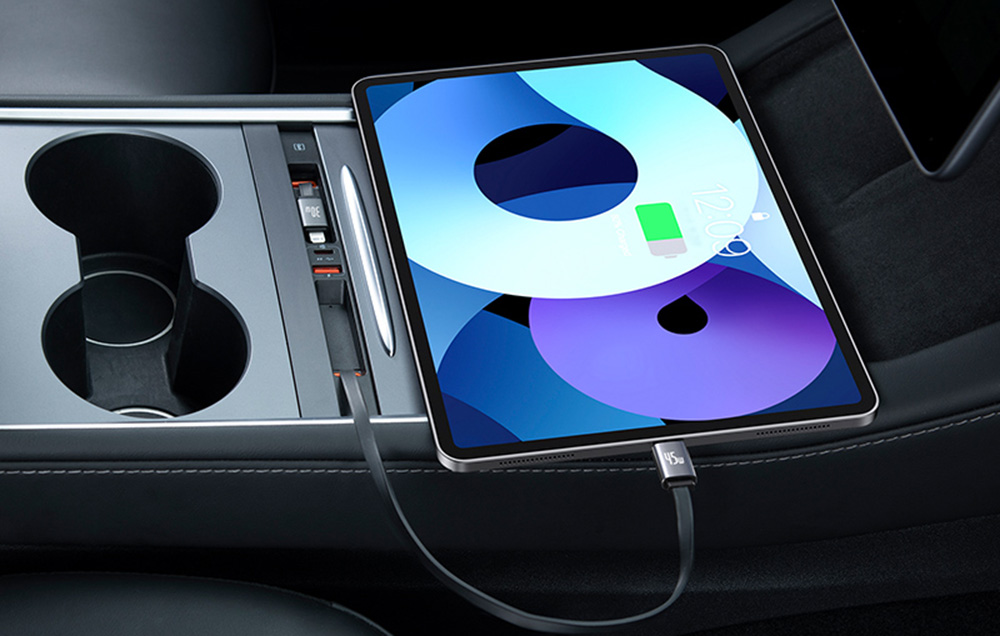 BASEUS T-Space Хъб за вграждане, за автомобили TESLA, 2xUSB-A, 2xUSB-C + 2 кабелa C и L, 45W, B00051300111-01 /черен/