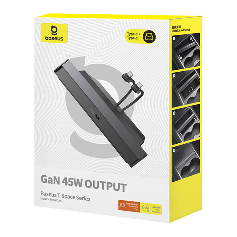 BASEUS T-Space Хъб за вграждане, за автомобили TESLA, 2xUSB-A, 2xUSB-C + 2 кабелa C и L, 45W, B00051300111-01 /черен/