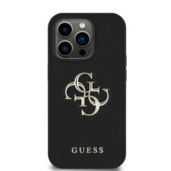 GUESS Калъф за iPhone 14 Pro, PU Grained 4G Metal Logo, черен – GUHCP14LPGT4MBK
