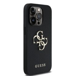 GUESS Калъф за iPhone 14 Pro, PU Grained 4G Metal Logo, черен – GUHCP14LPGT4MBK