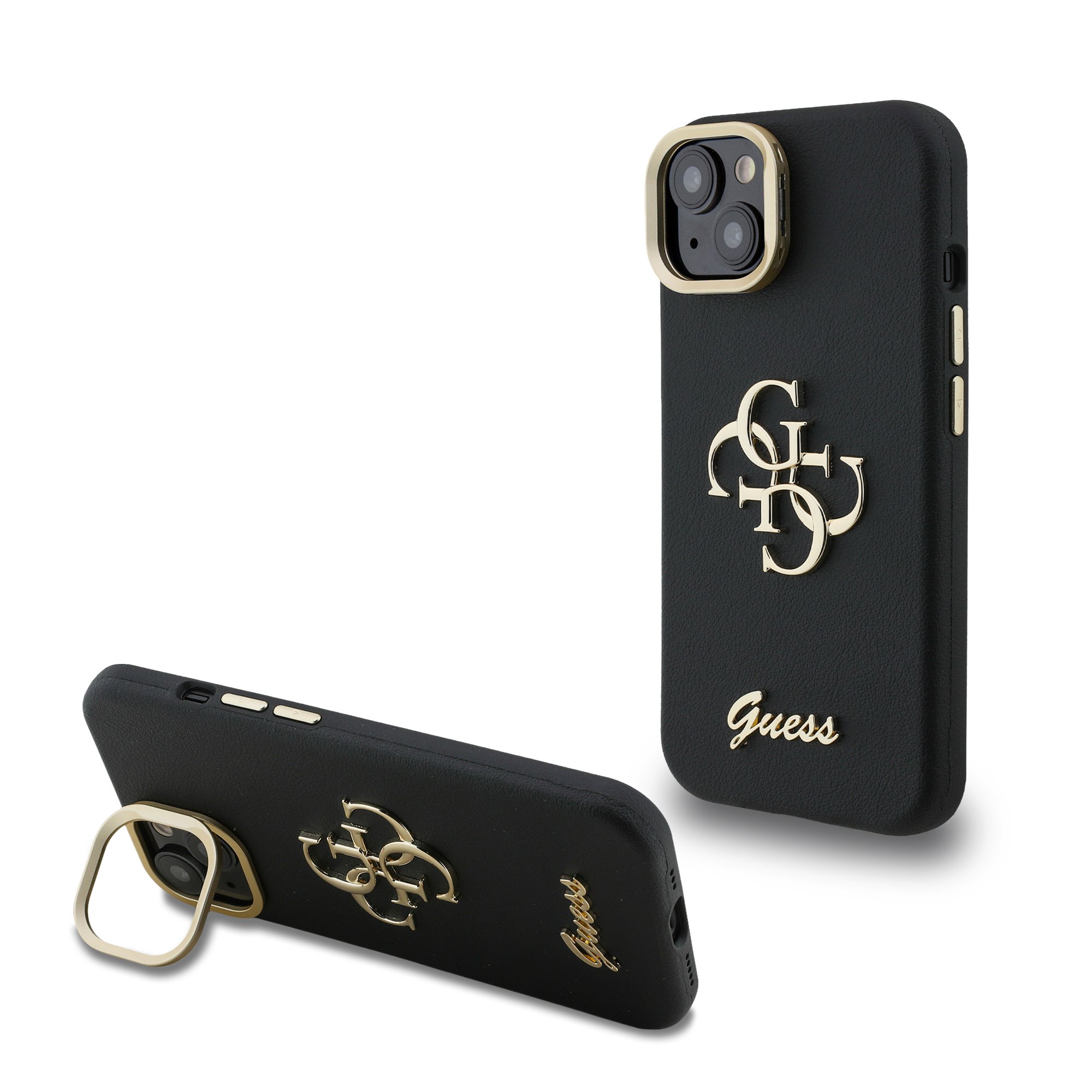 GUESS Калъф за iPhone 14, Grained 4G Logo Stand Camera, черен – GUHCP14SPCS4GSK