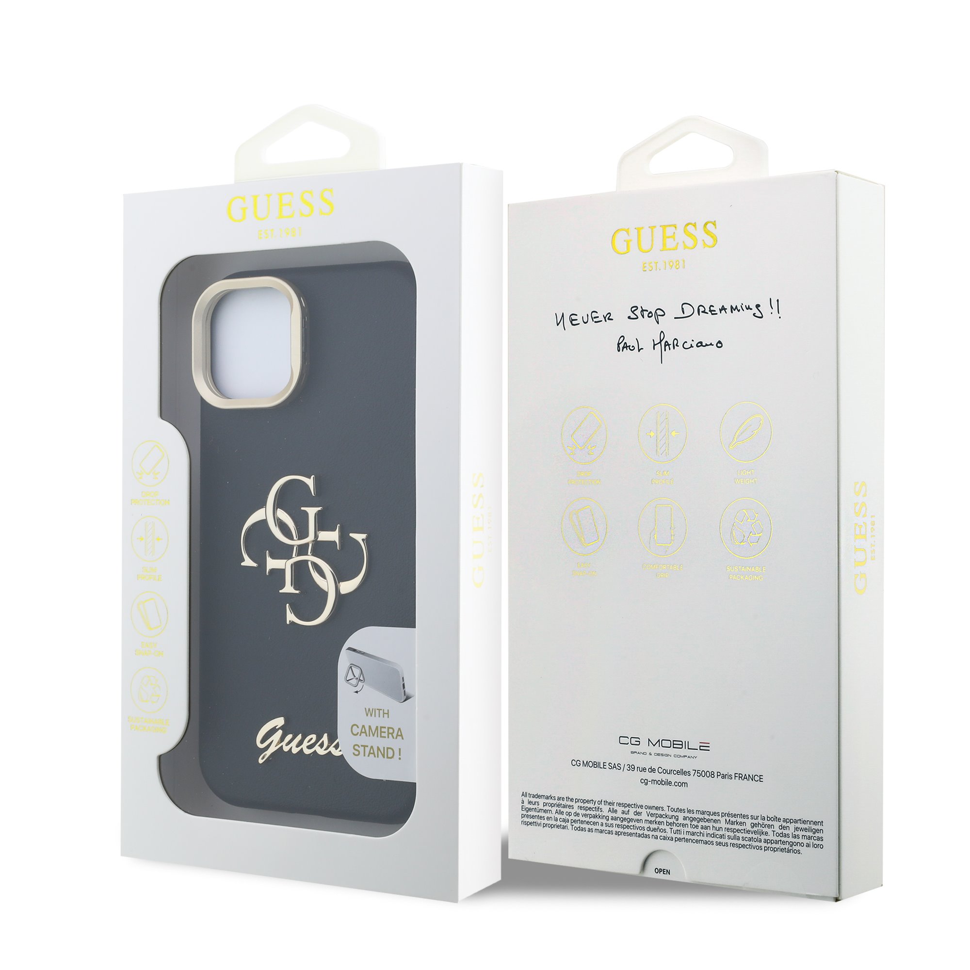 GUESS Калъф за iPhone 14, Grained 4G Logo Stand Camera, черен – GUHCP14SPCS4GSK