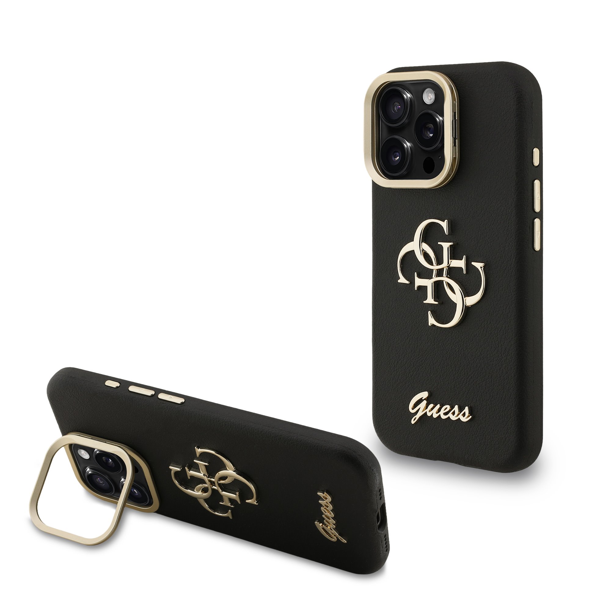 GUESS Калъф за iPhone 15 Pro Max, Grained 4G Logo Stand Camera, черен – GUHCP15XPCS4GSK