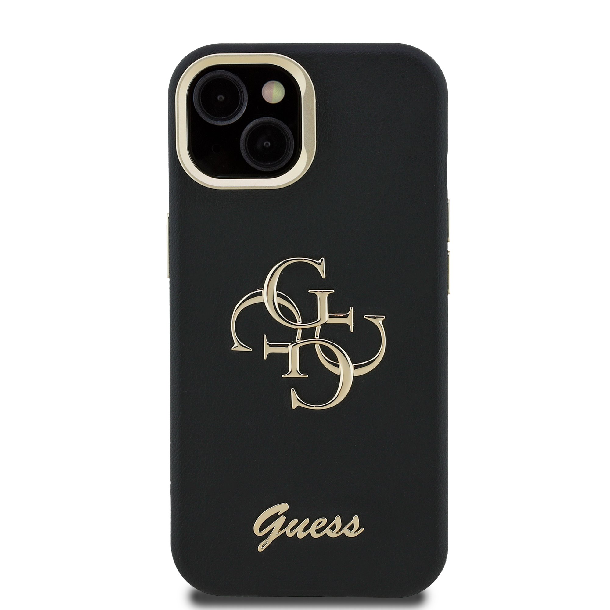 GUESS Калъф за iPhone 15, Grained 4G Logo Stand Camera, черен – GUHCP15SPCS4GSK