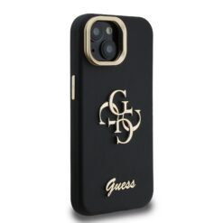 GUESS Калъф за iPhone 15, Grained 4G Logo Stand Camera, черен – GUHCP15SPCS4GSK