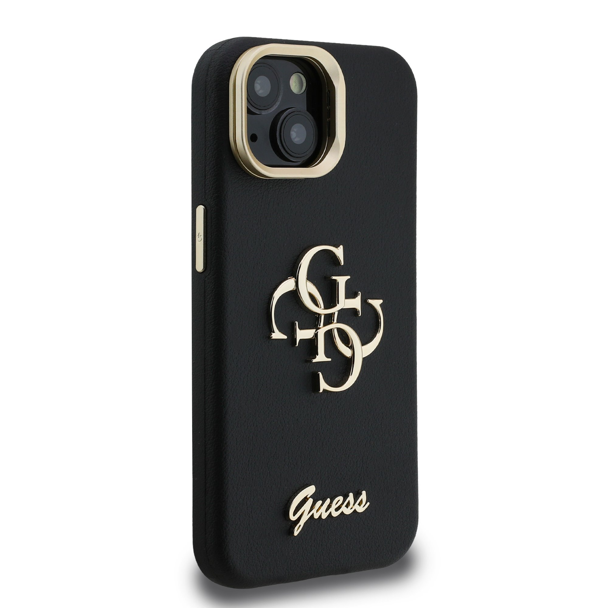 GUESS Калъф за iPhone 15, Grained 4G Logo Stand Camera, черен – GUHCP15SPCS4GSK