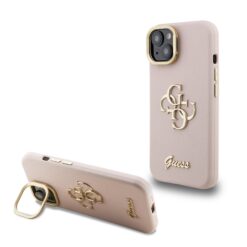GUESS Калъф за iPhone 15, Grained 4G Logo Stand Camera, розов – GUHCP15SPCS4GSP