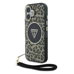 GUESS Калъф за iPhone 16, IML Leopard Triangle Logo Strap MagSafe, кафяв – GUHMP16SHLORSSW