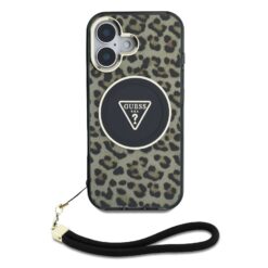 GUESS Калъф за iPhone 16, IML Leopard Triangle Logo Strap MagSafe, кафяв – GUHMP16SHLORSSW