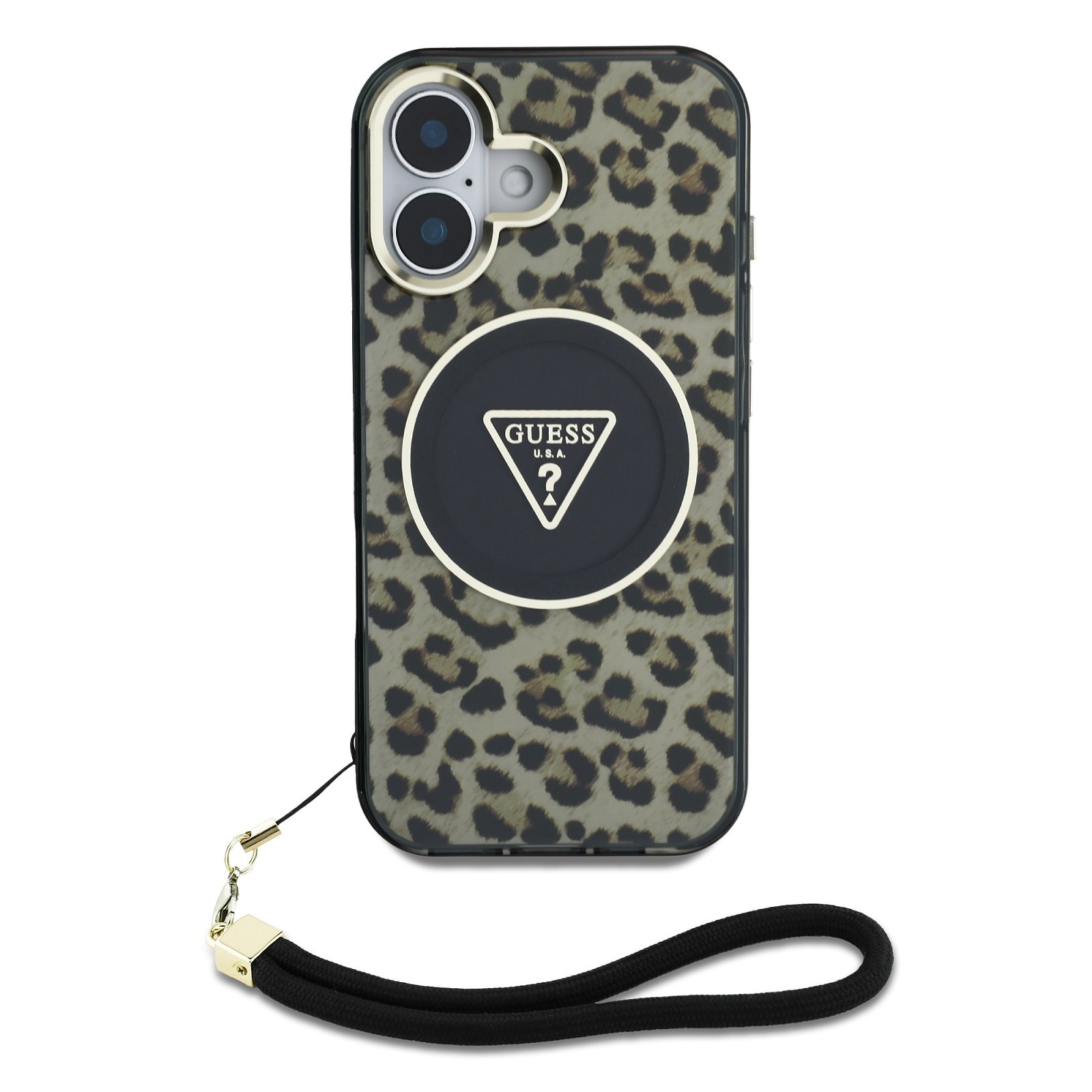 GUESS Калъф за iPhone 16, IML Leopard Triangle Logo Strap MagSafe, кафяв – GUHMP16SHLORSSW