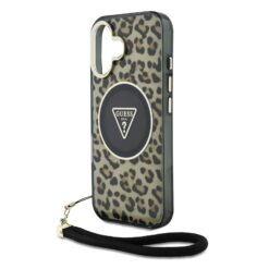 GUESS Калъф за iPhone 16, IML Leopard Triangle Logo Strap MagSafe, кафяв – GUHMP16SHLORSSW