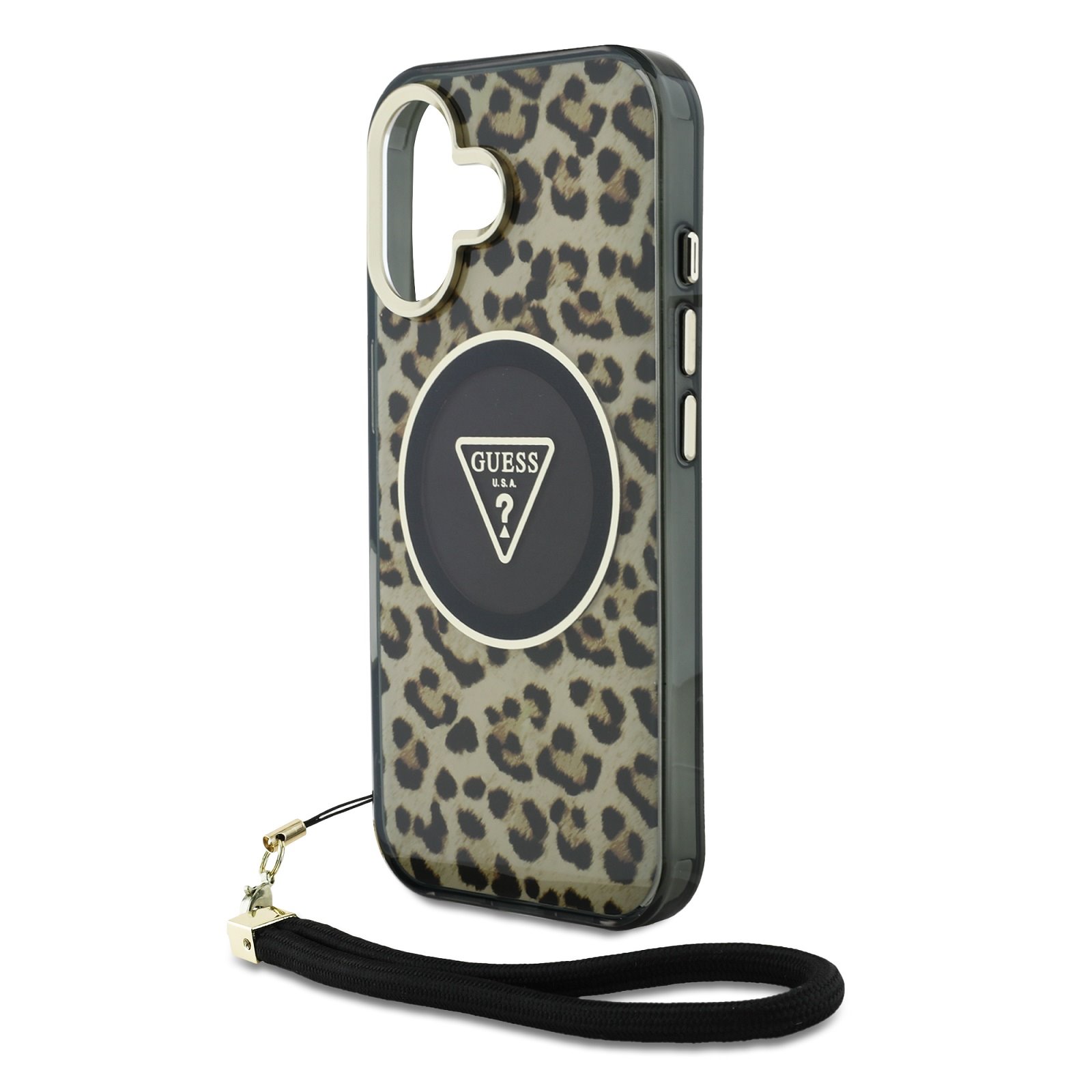 GUESS Калъф за iPhone 16, IML Leopard Triangle Logo Strap MagSafe, кафяв – GUHMP16SHLORSSW
