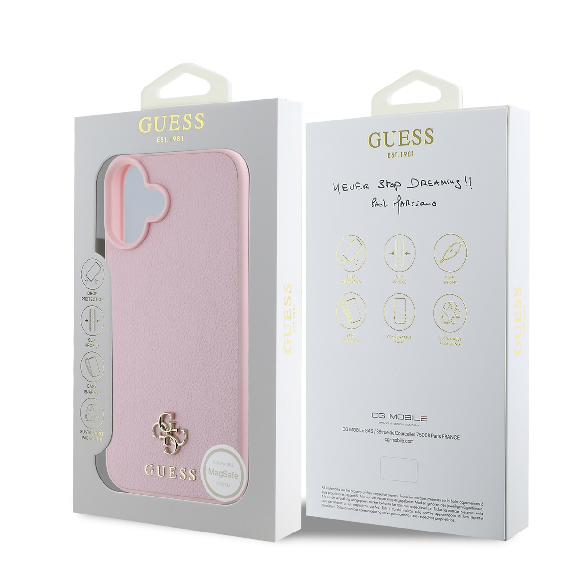 GUESS Калъф за iPhone 16 Plus, PU Grained 4G Small Metal Logo MagSafe, розов – GUHMP16MPGCSM4MP