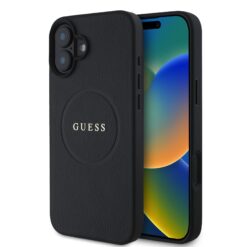 GUESS Калъф за iPhone 16 Plus, PU Grained Classic Logo MagSafe, черен – GUHMP16MPGHSMMK