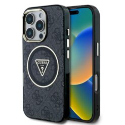 GUESS Калъф за iPhone 16 Pro, IML 4G Glitter and Triangle Logo MagSafe, черен –