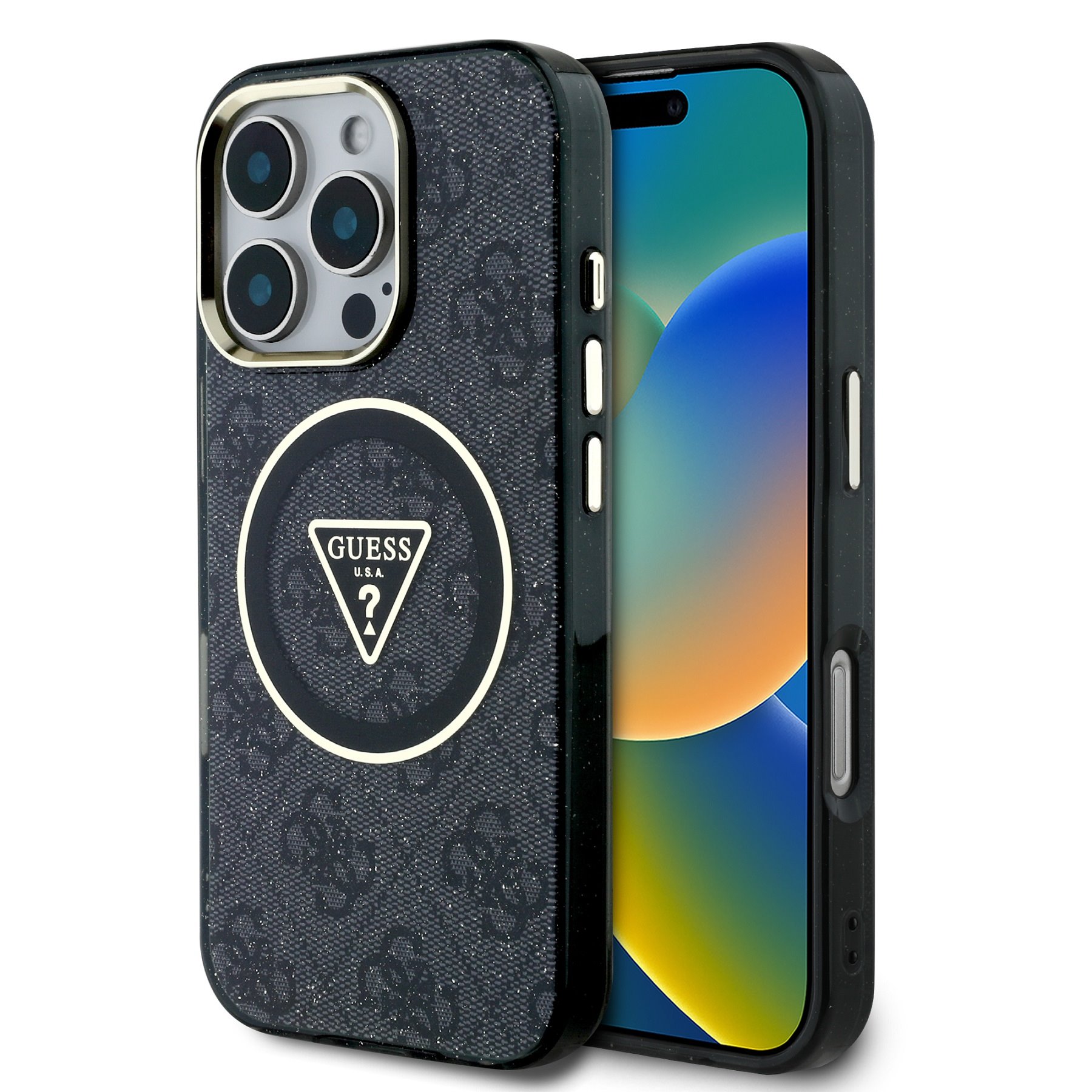 GUESS Калъф за iPhone 16 Pro, IML 4G Glitter and Triangle Logo MagSafe, черен –