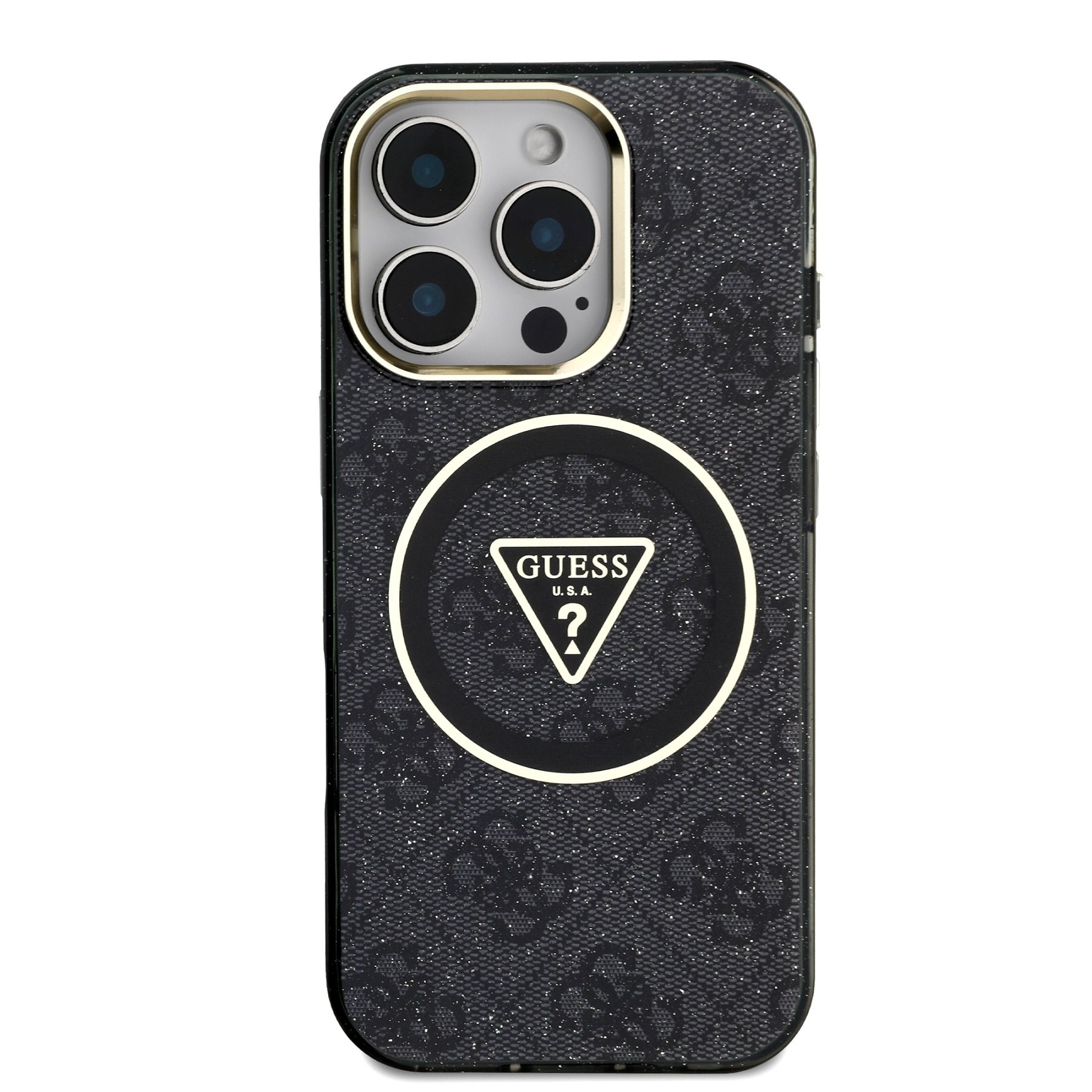 GUESS Калъф за iPhone 16 Pro, IML 4G Glitter and Triangle Logo MagSafe, черен –