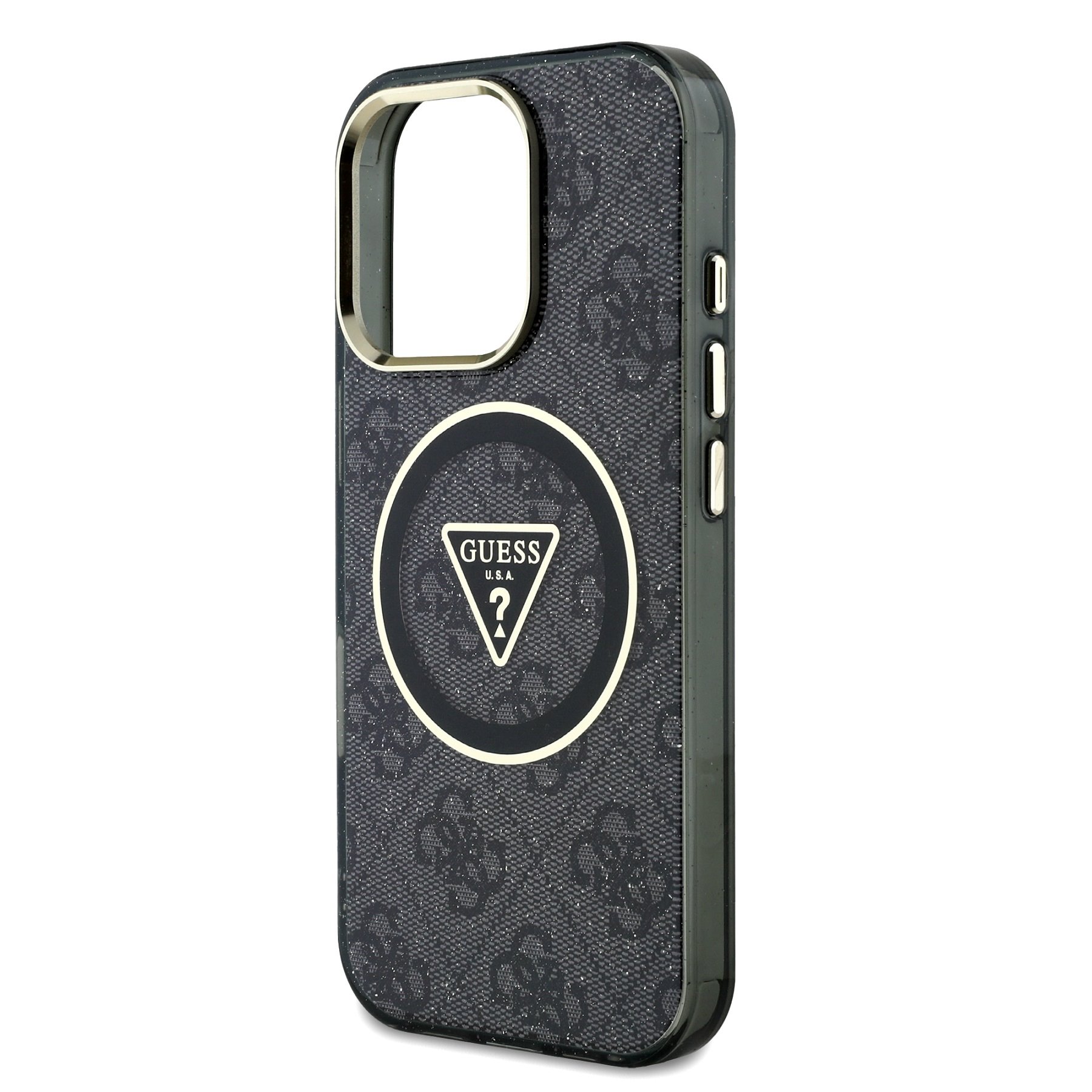 GUESS Калъф за iPhone 16 Pro, IML 4G Glitter and Triangle Logo MagSafe, черен –