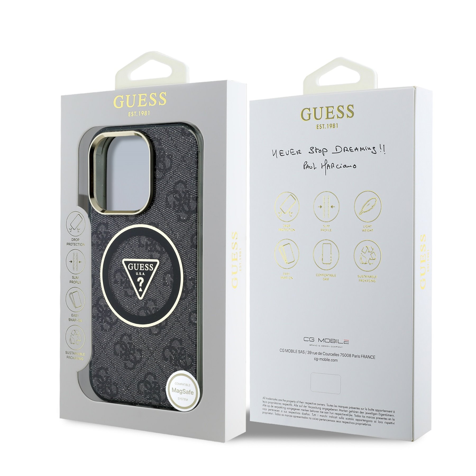 GUESS Калъф за iPhone 16 Pro, IML 4G Glitter and Triangle Logo MagSafe, черен –