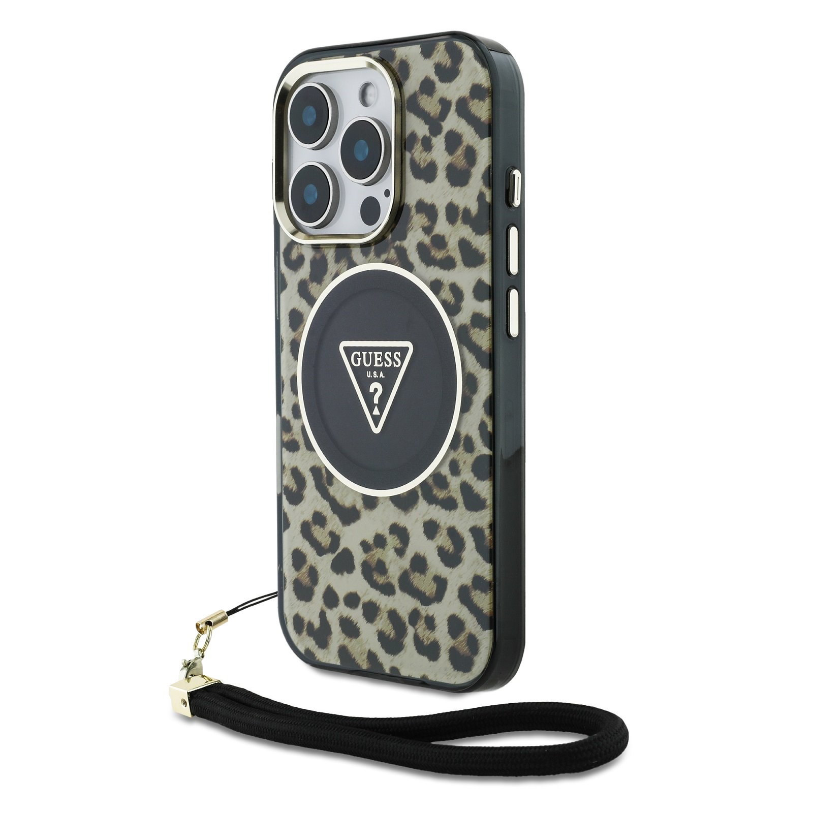 GUESS Калъф за iPhone 16 Pro Max, IML Leopard Triangle Logo Strap MagSafe, кафяв – GUHMP16XHLORSSW