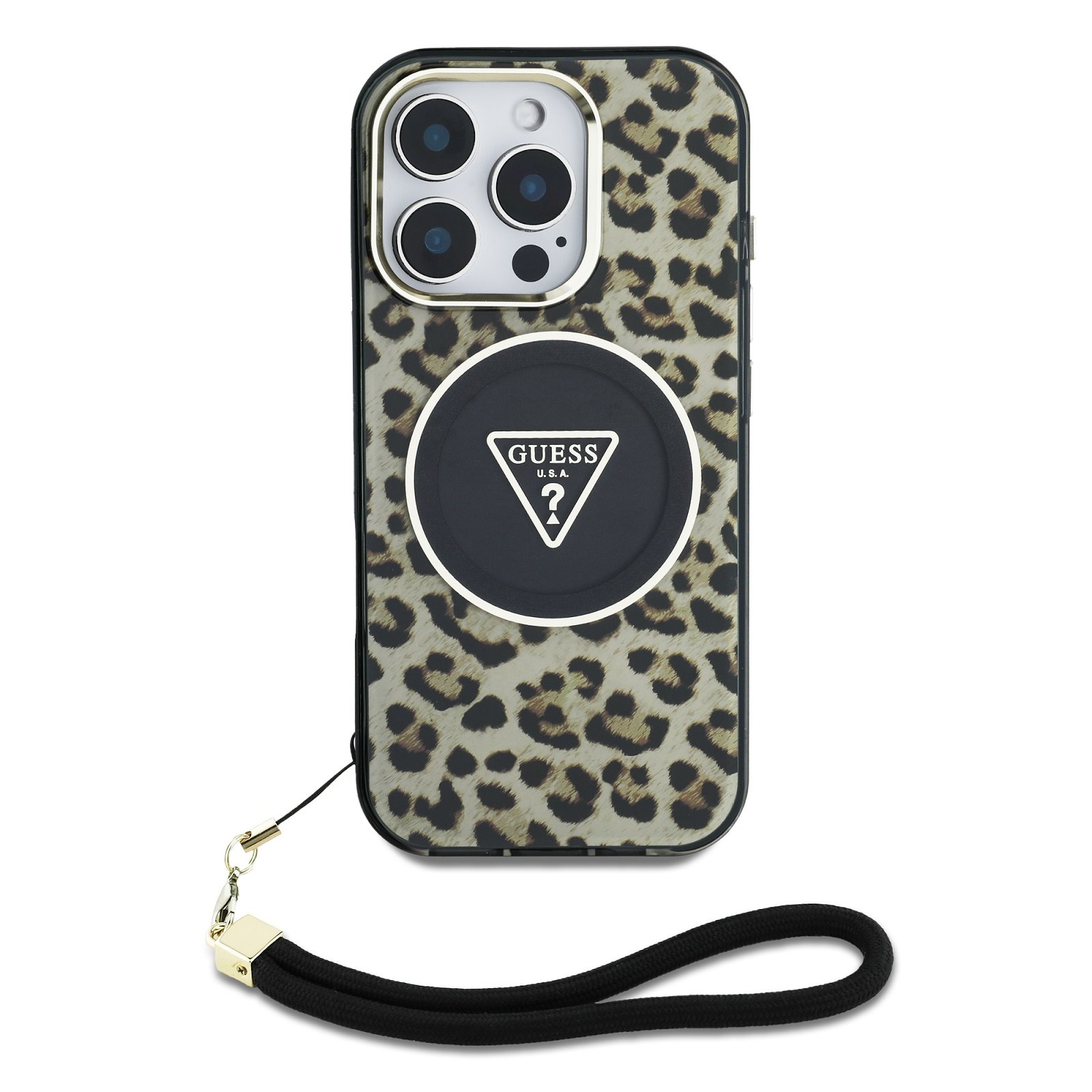 GUESS Калъф за iPhone 16 Pro Max, IML Leopard Triangle Logo Strap MagSafe, кафяв – GUHMP16XHLORSSW